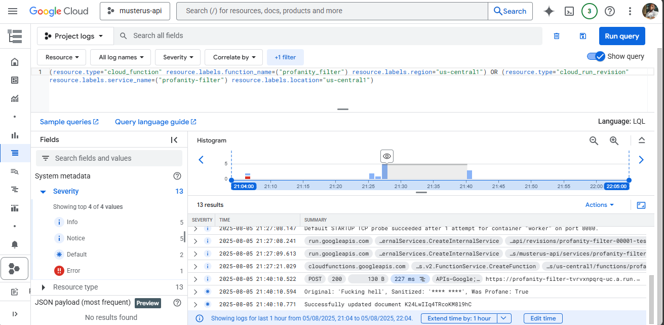 Firebase console functions tab showing execution logs and performance metrics
